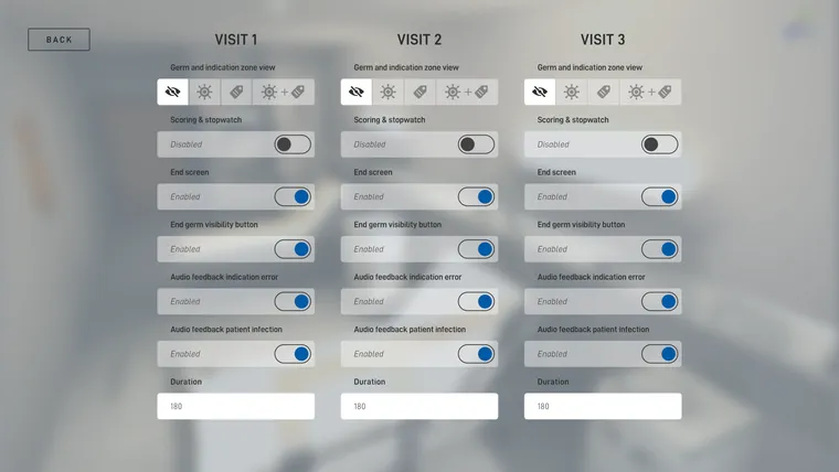 Overview of the configuration options for the three patient-visit sessions in course mode