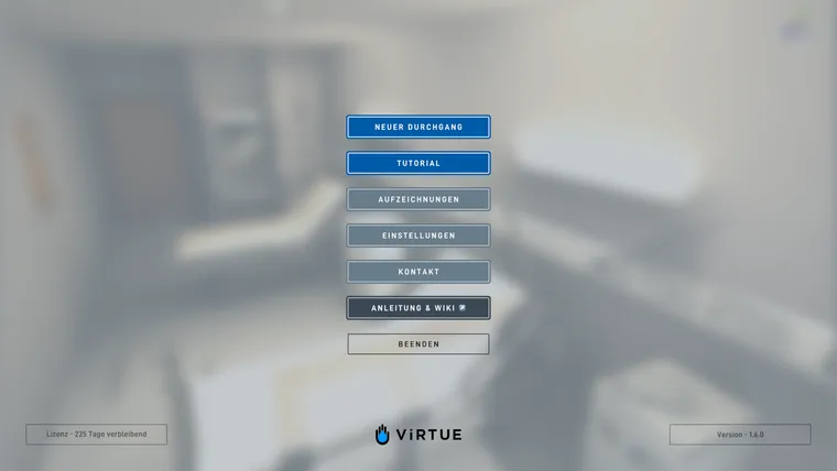 Hauptmenü von ViRTUE mit den Optionen Neuer Durchgang, Tutorial, Aufzeichnungen, Einstellungen, Kontakt, Anleitung und Wiki sowie Beenden