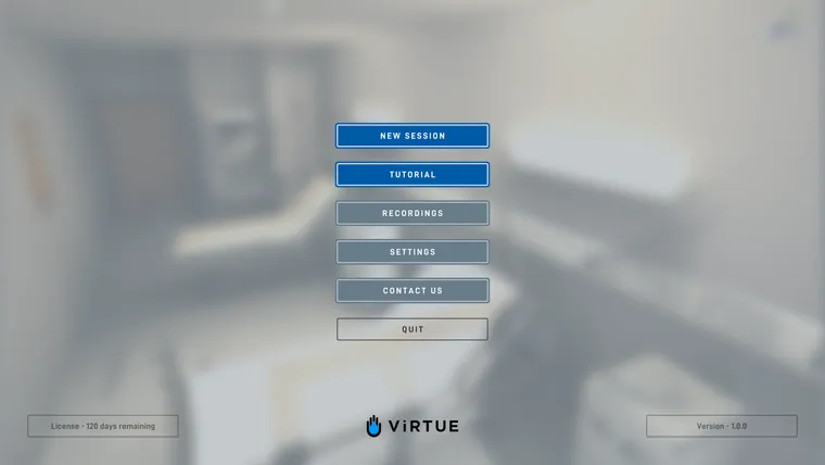 ViRTUE main menu with the options New Session, Tutorial, Recordings, Settings, Contact, Guide and Wiki, as well as Quit