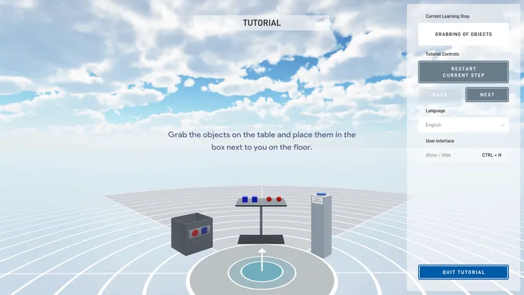 Right-hand panel in the tutorial with the active learning step and controls