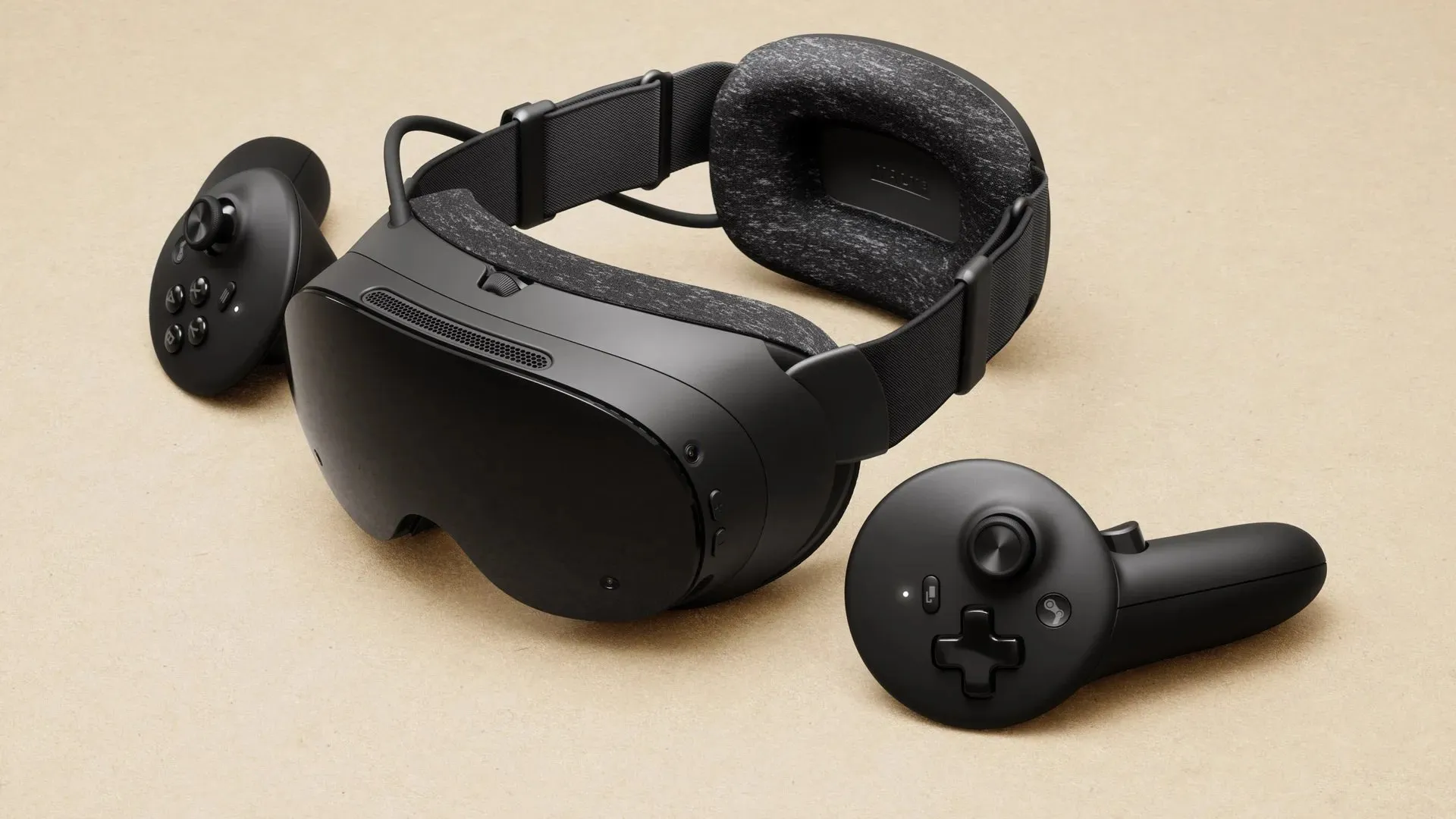 Valve Steam Frame VR headset with two controllers in three-quarter view