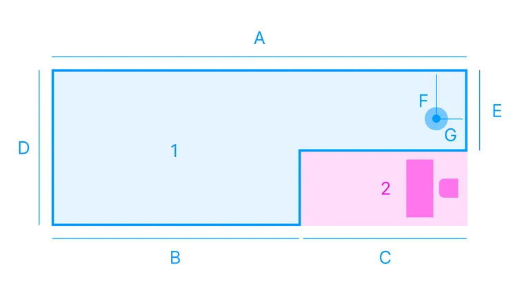 Floor plan of a large room with virtual play space and operator area