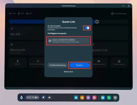 Quest Link dialog with Air Link enabled, the PC selected, and the Start button highlighted