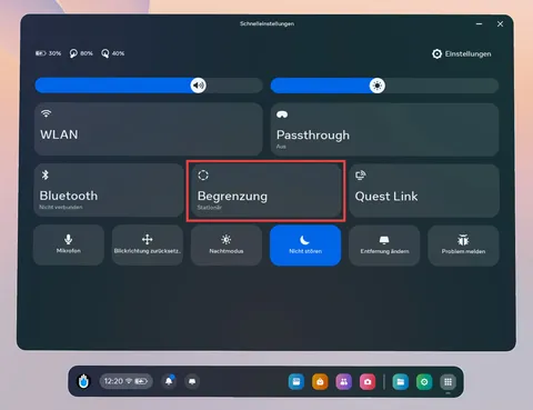 Meta Quest quick settings with the boundary selected