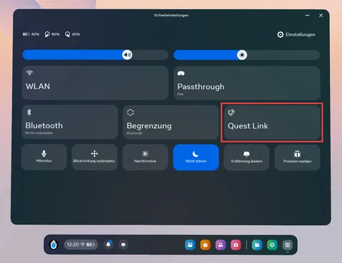 Meta Quest quick settings panel with the Quest Link tile selected