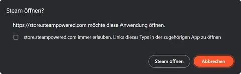 Zweites Pop-up-Fenster mit der Option Steam öffnen