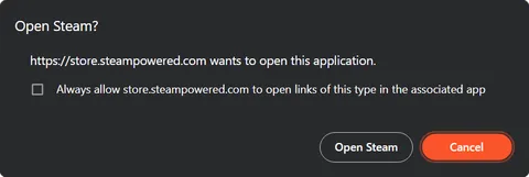 Second pop-up window with the Open Steam option