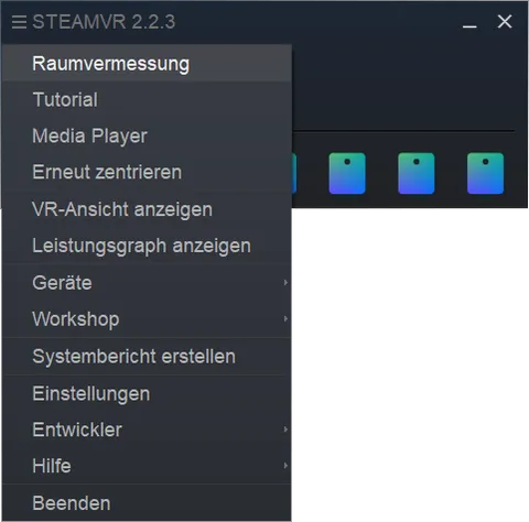 Open SteamVR menu with the Room Setup entry highlighted