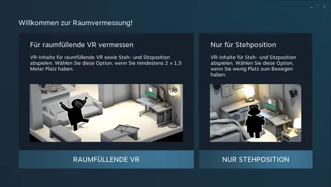 Welcome screen of the SteamVR room setup with the two options Room-Scale and Standing Only