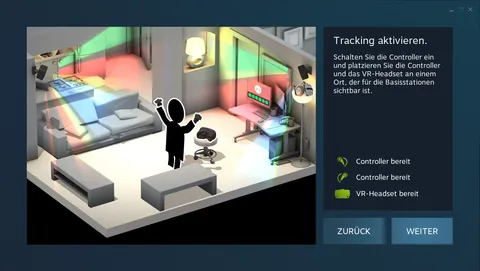 Enable tracking step of the SteamVR room setup with green confirmations for both controllers and the VR headset