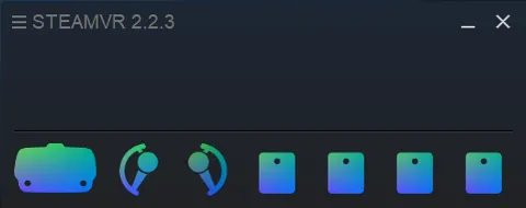 SteamVR status window (version 2.2.3) showing the VR headset, two controllers, and four base stations in green