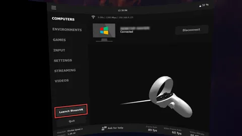 Virtual Desktop menu with the Launch SteamVR button highlighted