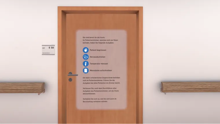 Hospital corridor with a room door and task list