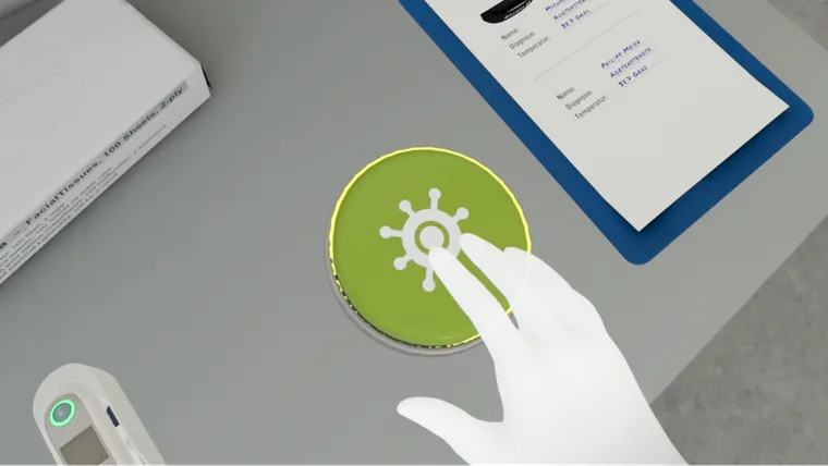 Green final germ-view button on the table in the patient room