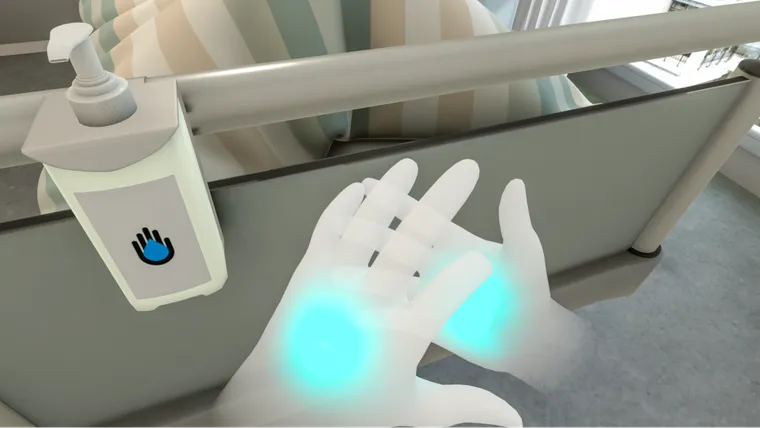 Hand disinfection during the virtual patient visit with a blue glow effect