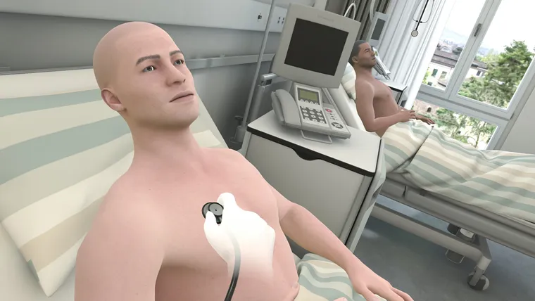 Virtual patient room in the normal view. A patient lies in bed, a hand performs cardiac auscultation with the stethoscope, and a second patient stands by the window in the background.